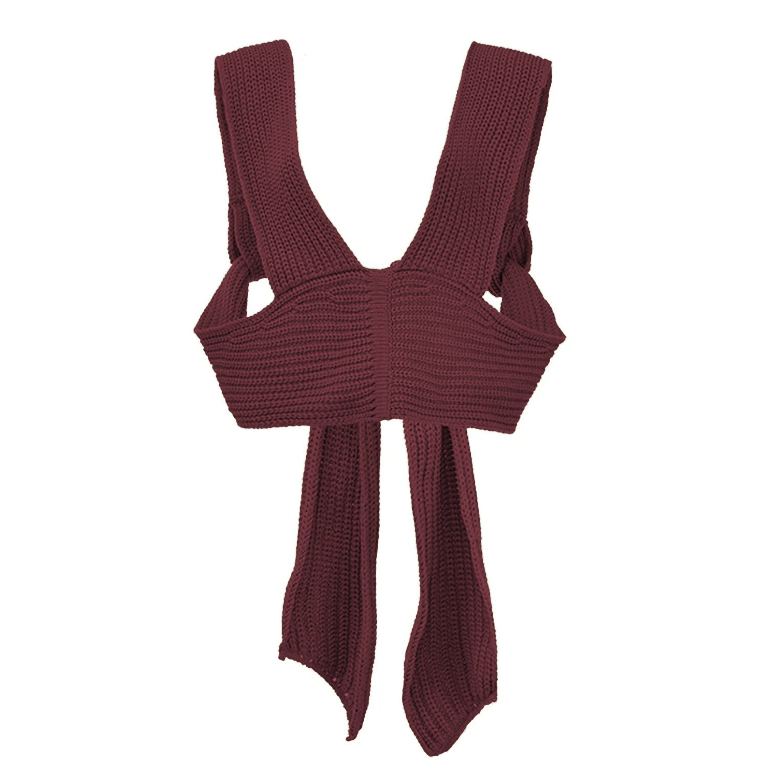 Back profile flat lay of the cross-woven halter top in deep wine red detailing the premium knit fabrication.