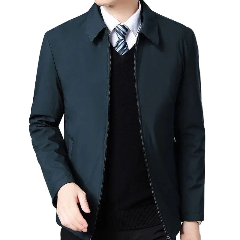 Angled view of the minimalist Turn-Down Collar Zip Jacket in dark army green, highlighting the side welt pocket placement and smooth fabric texture.