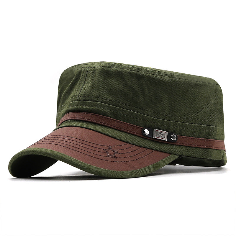 MontQuant tech-cotton flat top field cap in Olive Drab green featuring a structured military-inspired crown, a contrasting dark brown faux-leather curved brim, and a hidden adjustable rear enclosure.