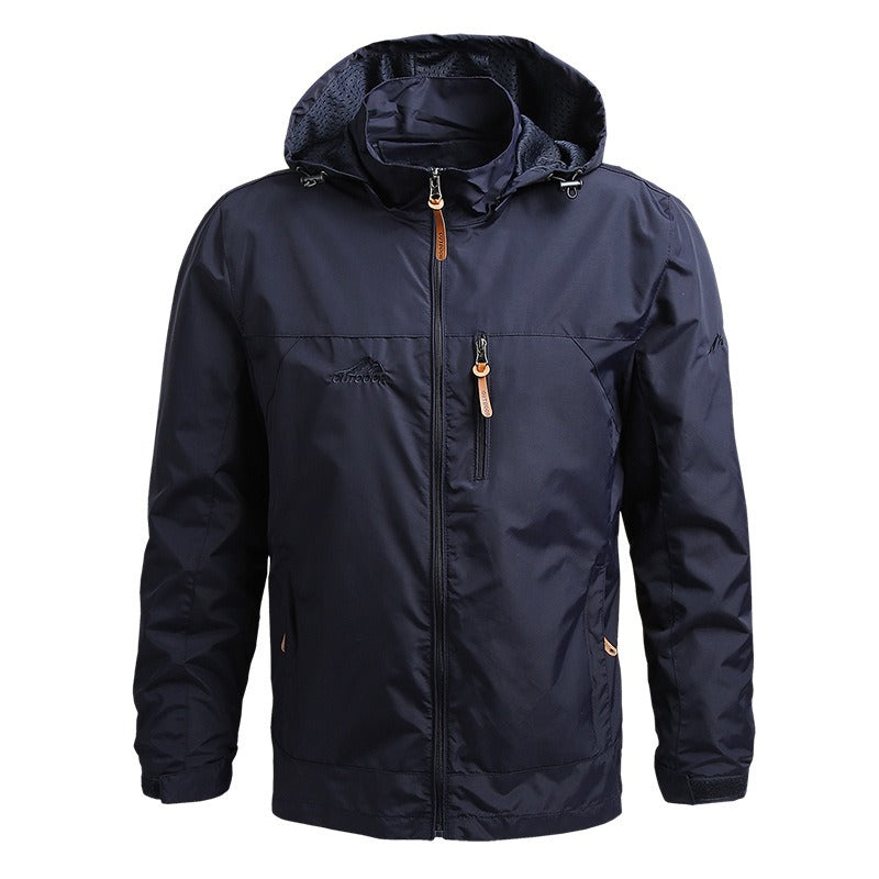 Front studio view of the MONTQUANT Leisure Thin Jacket in dark blue, highlighting the integrated hood, technical shell fabric, and distinct tan zipper pull detail.