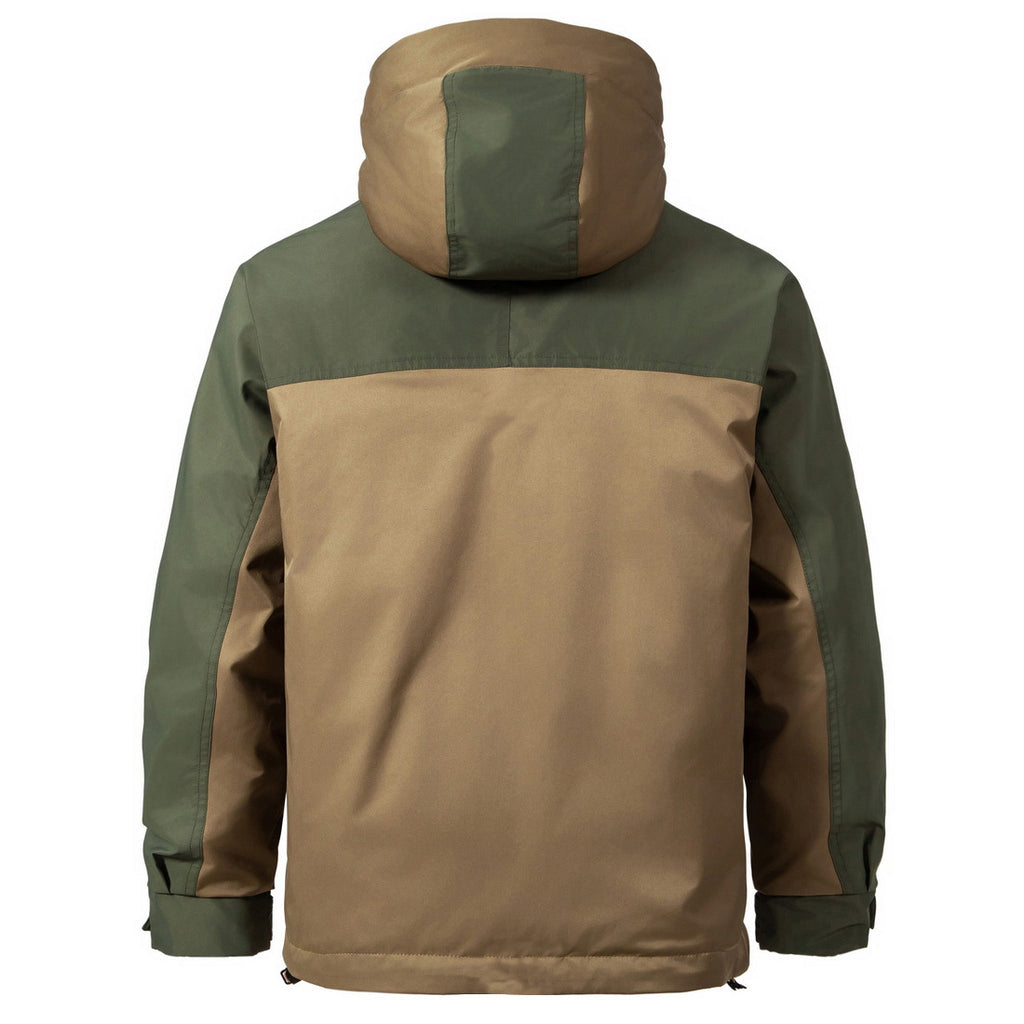 Rear view of the technical outerwear piece, displaying the colorblock transition between the olive green upper yoke and hood and the structured tan lower back panel.