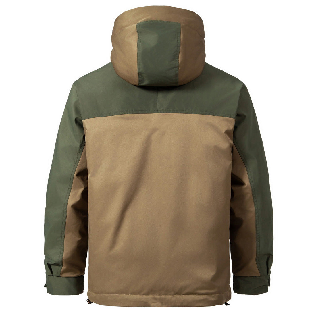 Rear view of the technical outerwear piece, displaying the colorblock transition between the olive green upper yoke and hood and the structured tan lower back panel.