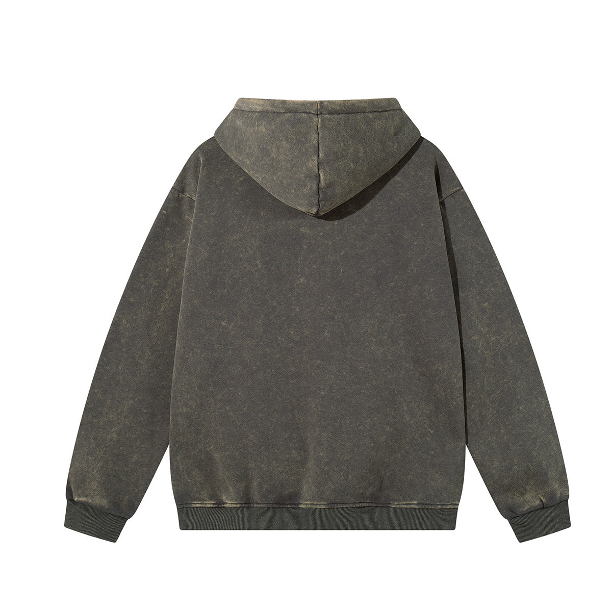 Rear view of the MontQuant Washed Cotton Hoodie in Mineral Gray, emphasizing its clean structural seams and premium architectural drape.