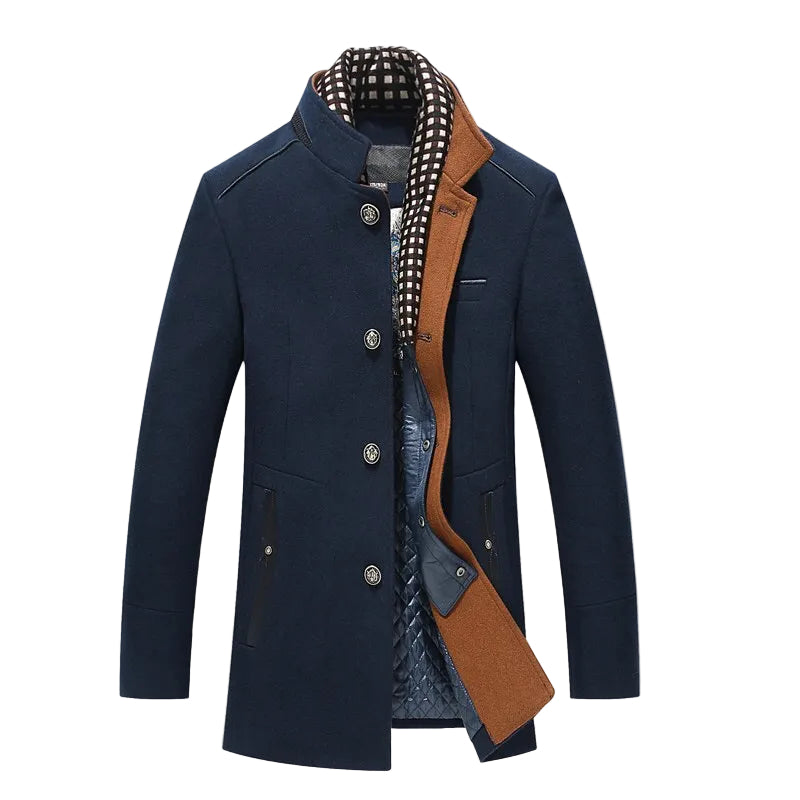 Front view of MONTQUANT Thicker Trench Jacket in Navy blue, showcasing a structured slim-fit silhouette, layered double-collar architecture, and tan interior contrast trim.