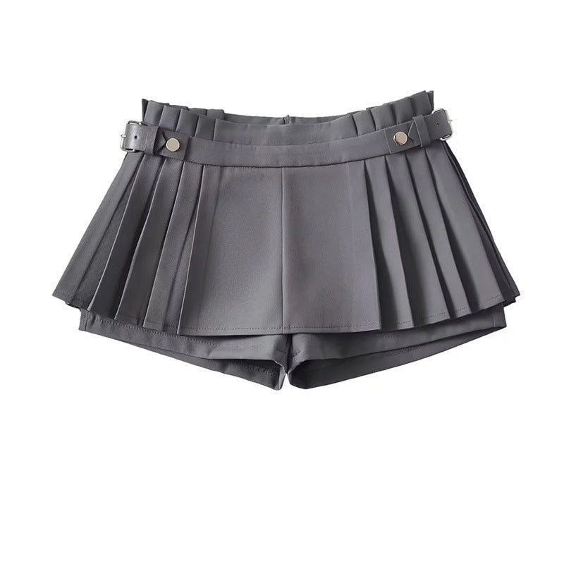 Studio flat lay of the dark grey variant of the pleated skort