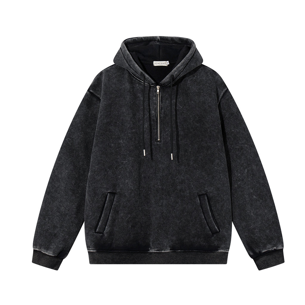 MontQuant Premium Washed Boxy Hoodie in Onyx Black, showcasing a heavy cotton fleece structure, a crossover hood, and unique mineral-wash seam fading.