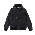 MontQuant Premium Washed Boxy Hoodie in Onyx Black, showcasing a heavy cotton fleece structure, a crossover hood, and unique mineral-wash seam fading.