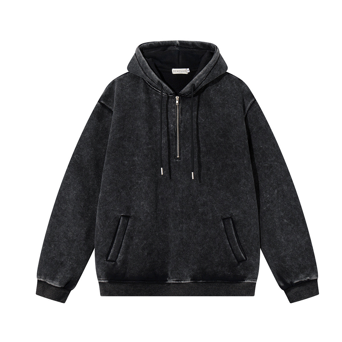 MontQuant Premium Washed Boxy Hoodie in Onyx Black, showcasing a heavy cotton fleece structure, a crossover hood, and unique mineral-wash seam fading.