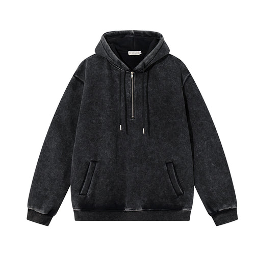 MontQuant Premium Washed Boxy Hoodie in Onyx Black, showcasing a heavy cotton fleece structure, a crossover hood, and unique mineral-wash seam fading.