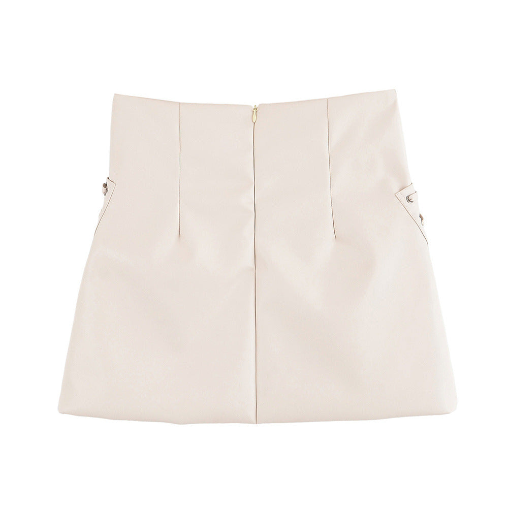 Beige poplin long skirt with prominent lace-up grommet showing back view MontQuant
