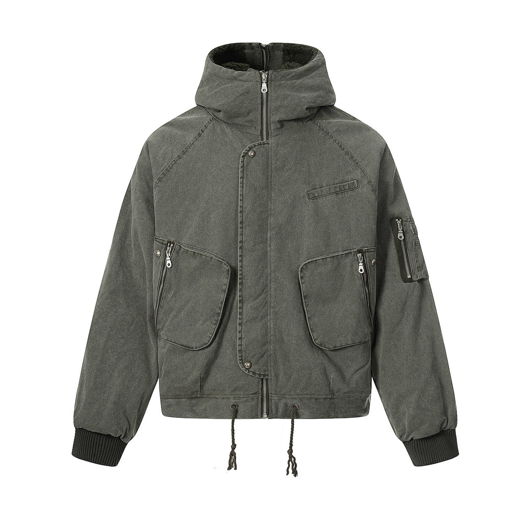 Front view of the Montquant Shearling-Lined Hooded Jacket in a washed olive green canvas, highlighting its high-zip neck, heavy utility cargo pockets, and adjustable hem drawstrings.