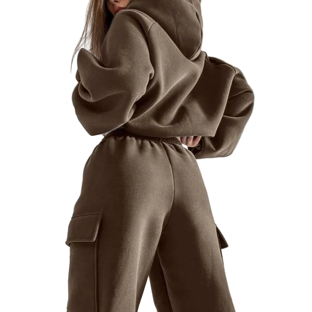 Back and side view of a matching taupe brown lounge set showcasing the structured utility cargo pockets on the trousers.