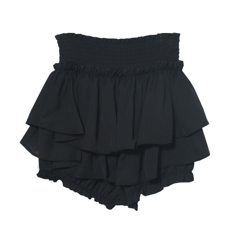 MontQuant black tiered ruffle mini skirt shorts front view