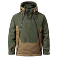 Front studio view of the MONTQUANT Functional Double Jacket, showcasing an olive green and tan earth-toned colorblock design with an integrated high-neck hood, dual vertical chest zippers, and structured side panels.