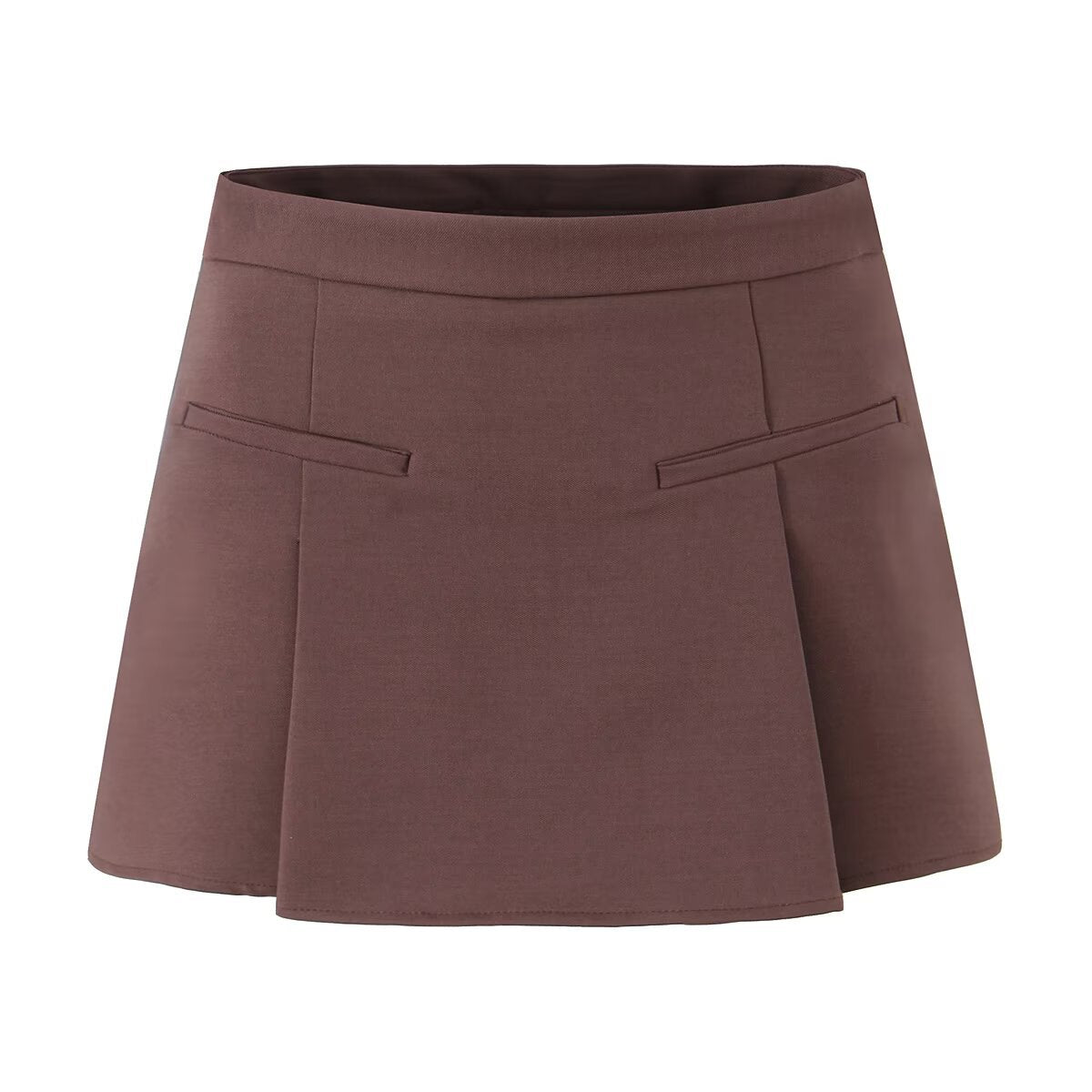 Dark brown pleated A-line suit skort featuring a tailored waist design and discrete pockets by MontQuant