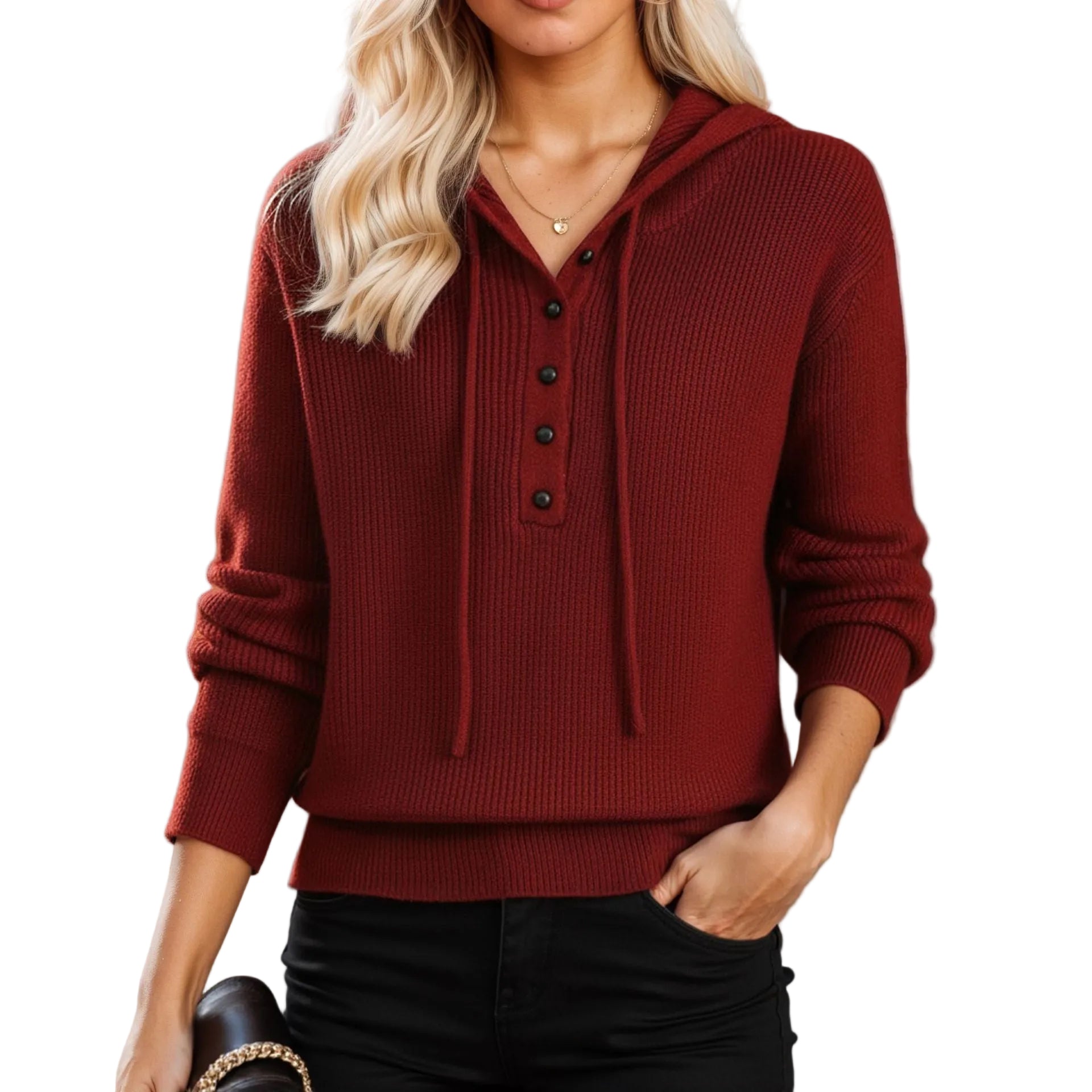 A woman wearing a deep burgundy red long-sleeve knit pullover hoodie with an adjustable buttoned neckline.