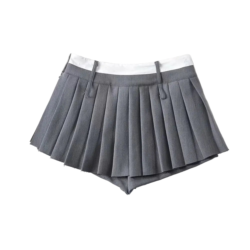 MontQuant gray pleated mini skirt skort for women four-panel styling views