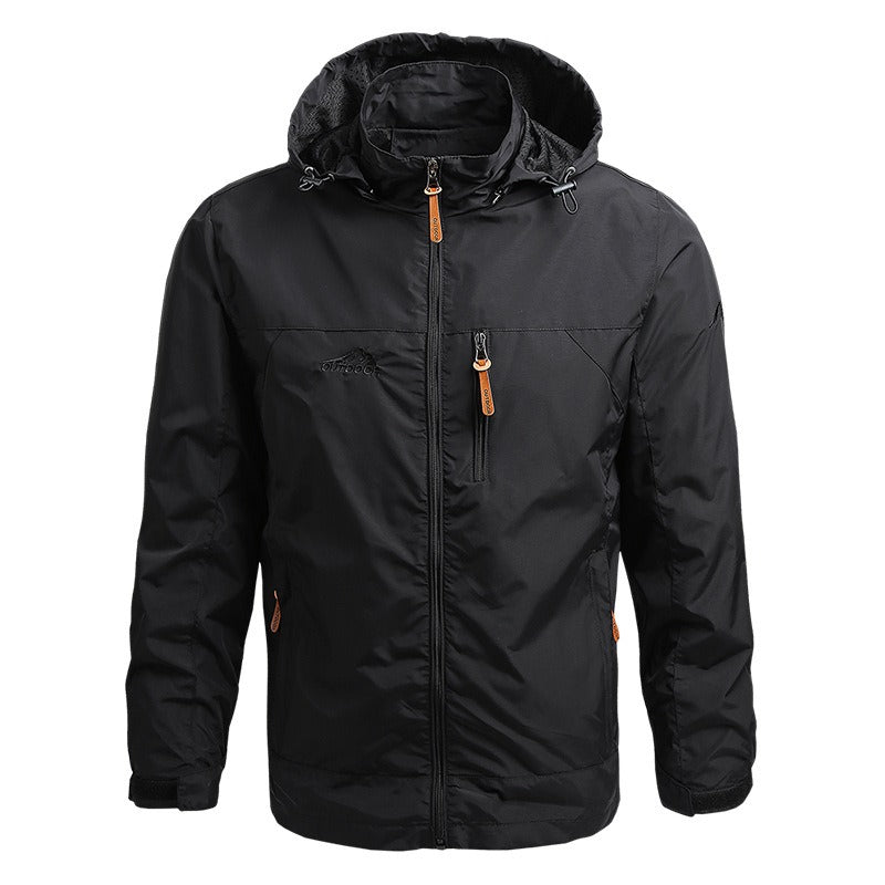 Studio presentation of the MONTQUANT Leisure Thin Jacket in monochrome black, emphasizing the minimalist matte finish and structured hood architecture.