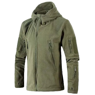 Front three-quarter view of the Montquant Hooded Tactical Fleece Jacket in olive green, showcasing its dense insulated texture, high neck zip, and functional sleeve zipper pockets.