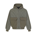 Front view of the Montquant Quilted Hooded Coat in an olive green hue, highlighting its geometric diamond quilting, large smooth contrast pockets, and thick ribbed hem.