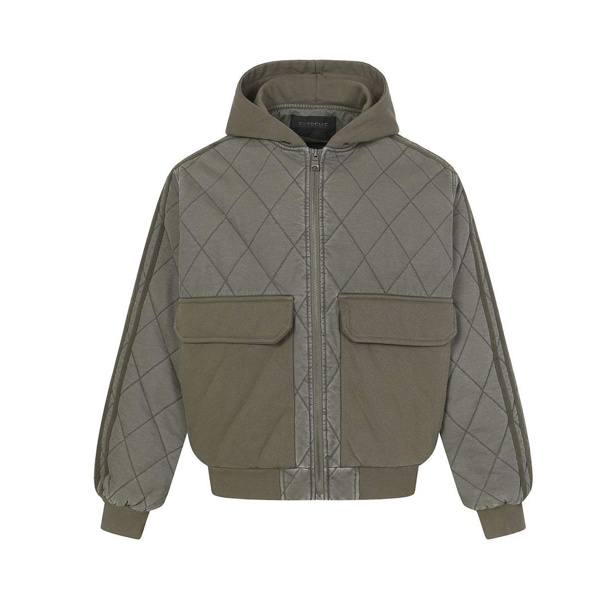Front view of the Montquant Quilted Hooded Coat in an olive green hue, highlighting its geometric diamond quilting, large smooth contrast pockets, and thick ribbed hem.