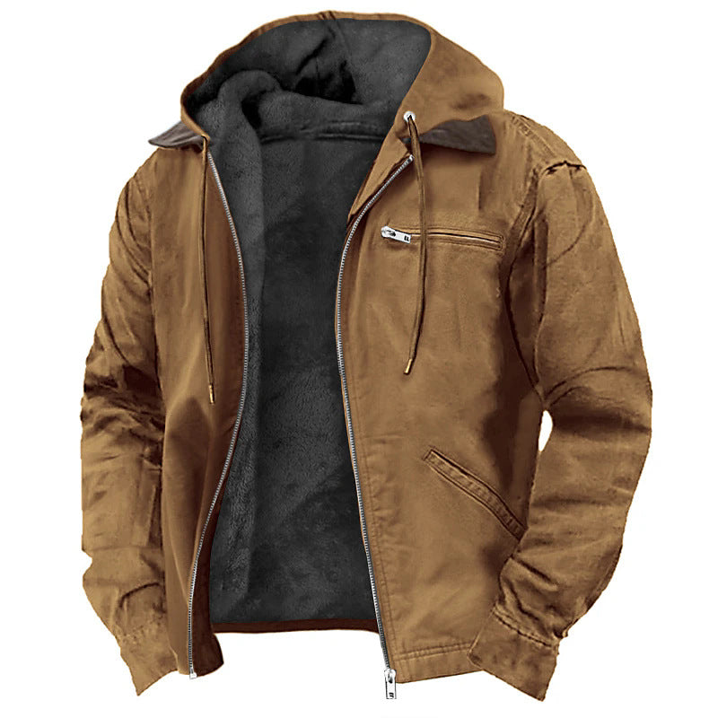 Front view of the MONTQUANT Suede Sherpa Bomber Jacket in Camel brown, highlighting the dense dark grey sherpa fleece interior lining and integrated hood architecture.