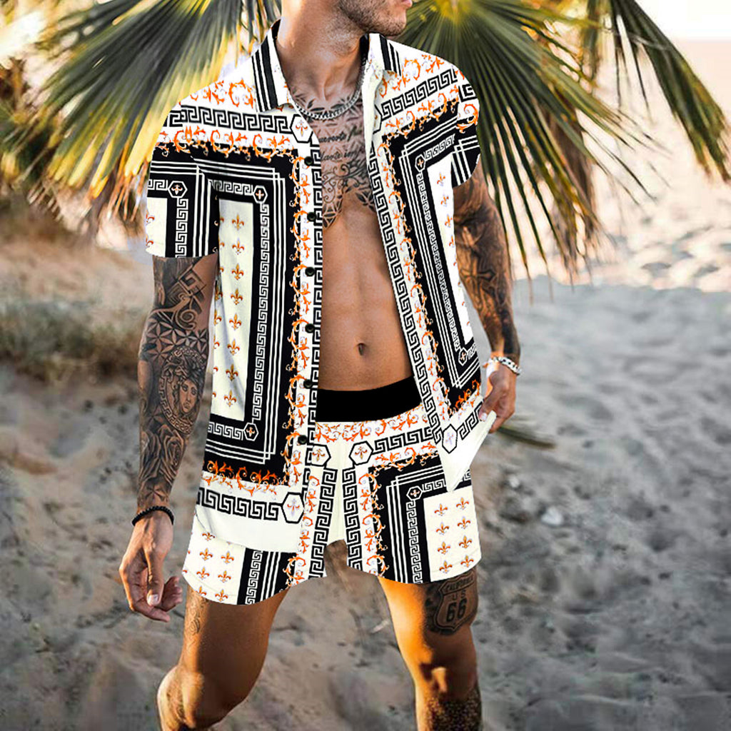 Front studio view of the MONTQUANT Leisure Print Resort Set in a monochrome black, orange, and white geometric tile print, displaying the unbuttoned short sleeve shirt and matching drawstring shorts.