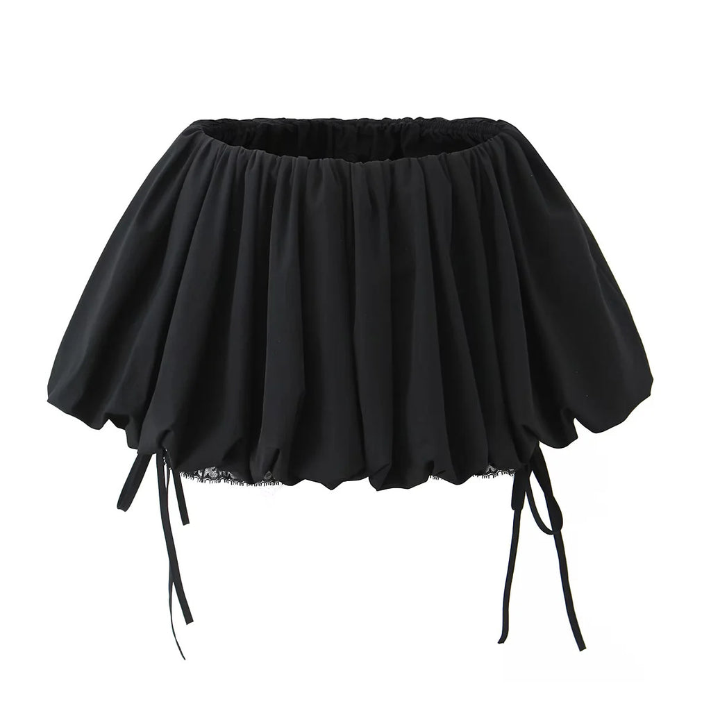 Black fluffy mini skirt variation with adjustable drawstring ties