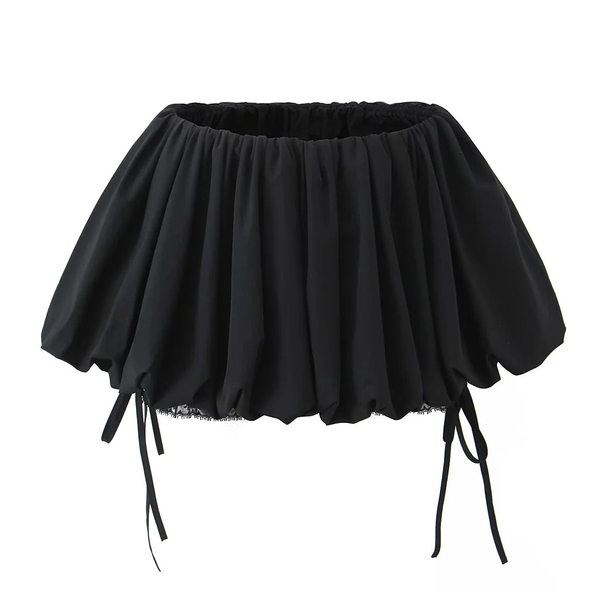 Black fluffy mini skirt variation with adjustable drawstring ties