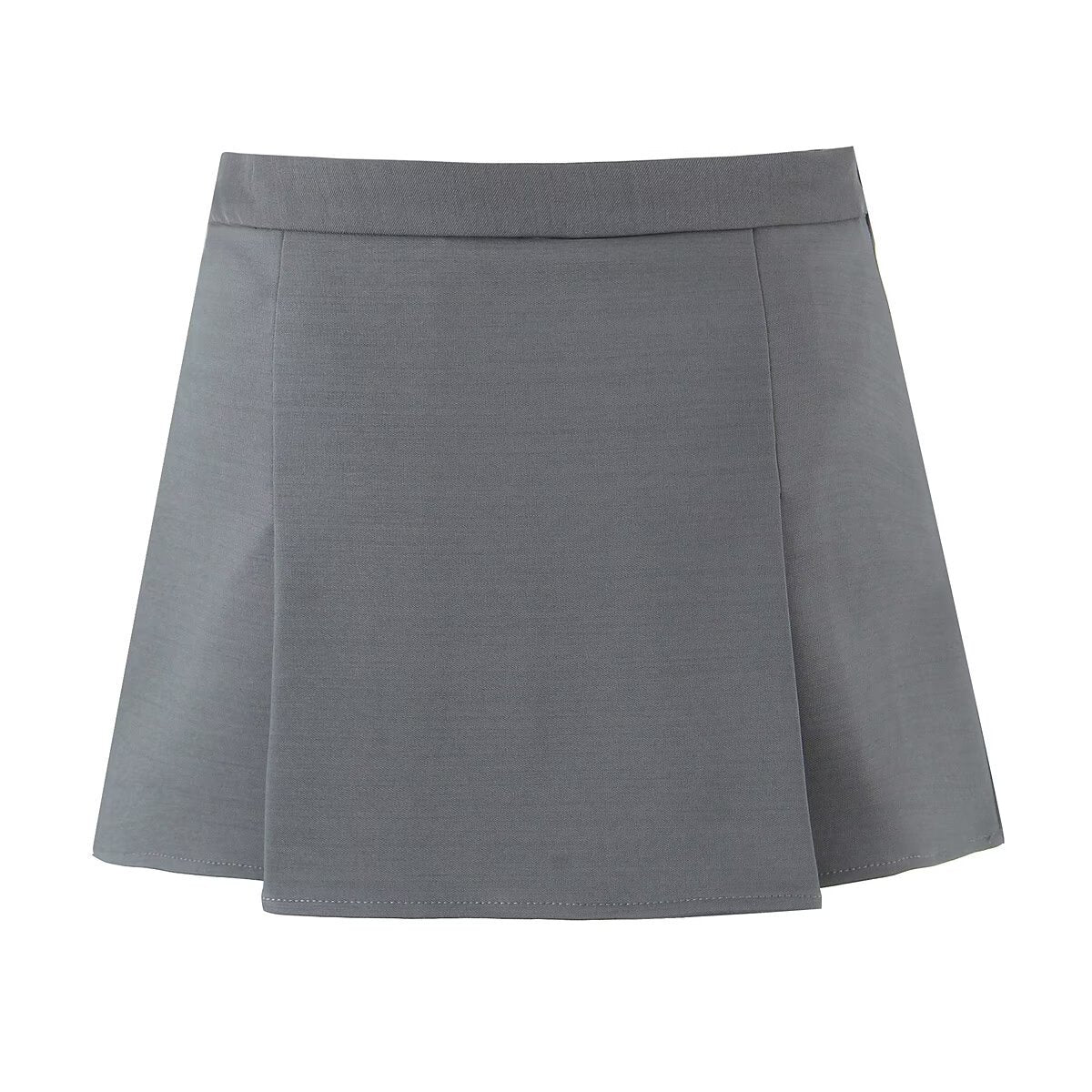 Charcoal gray A-line tailored skort with structured front knife pleats and clean waistband construction