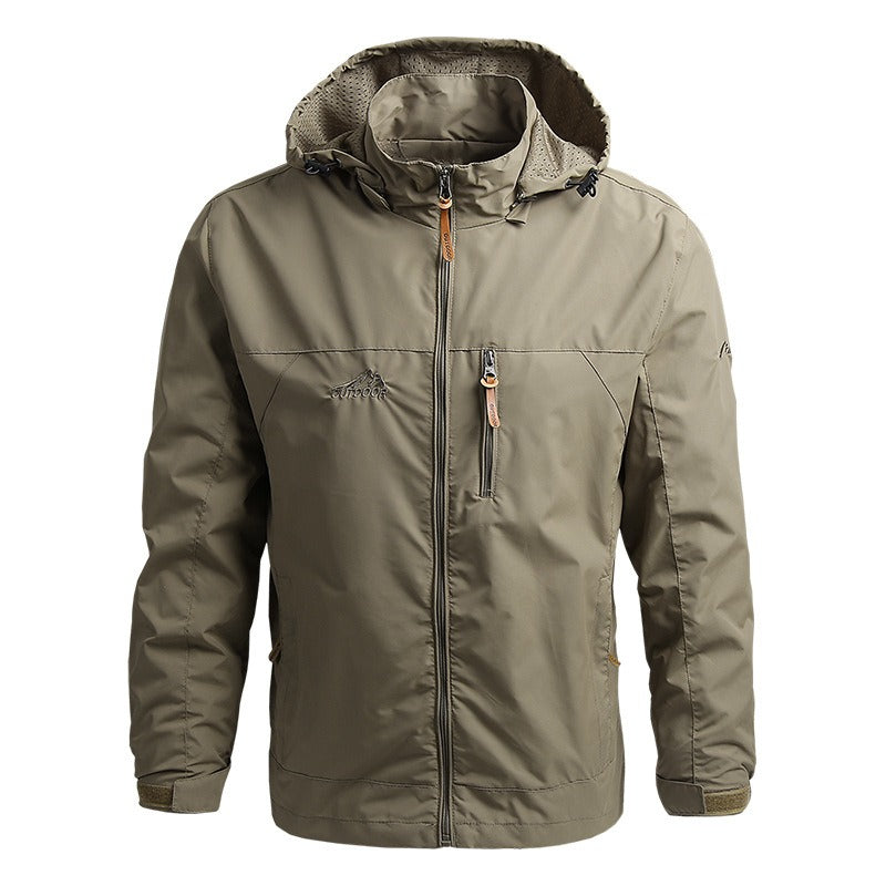 Profile view of the MONTQUANT Leisure Thin Jacket in earth-toned khaki, demonstrating the fluid, lightweight layering capacity and refined casual aesthetic.