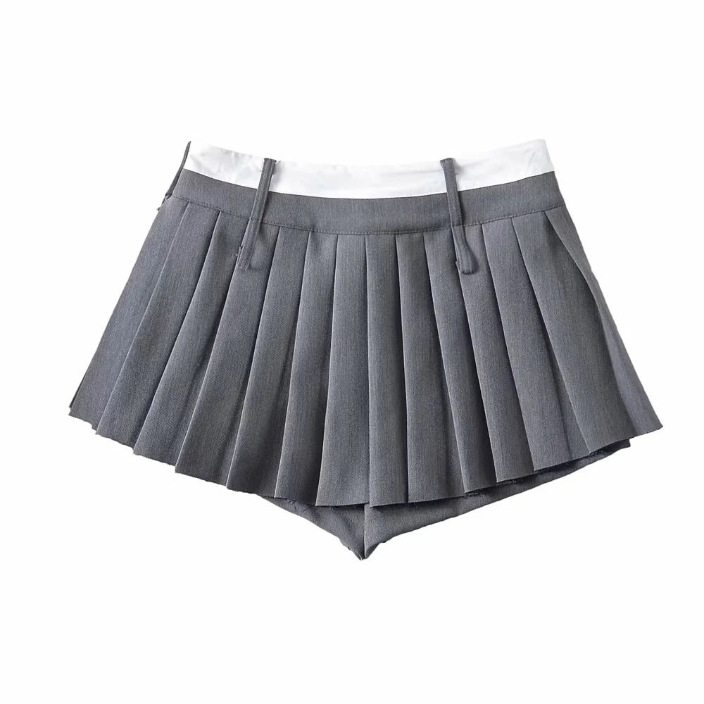 MontQuant gray pleated mini skirt skort for women four-panel styling views