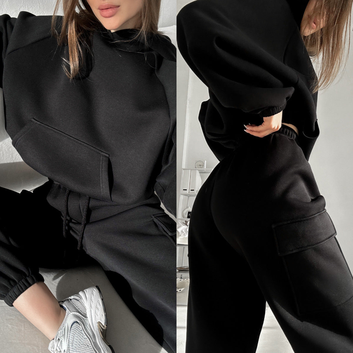 A classic black two-piece lounge suit featuring a clean drop-shoulder hoodie and matching elastic-waist cargo pants.