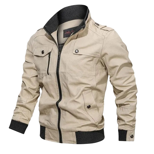 Front view of MONTQUANT Military Cotton Jacket in C03 Khaki beige, showcasing the structured mock neck, zip chest pocket, and ribbed black knit cuffs.