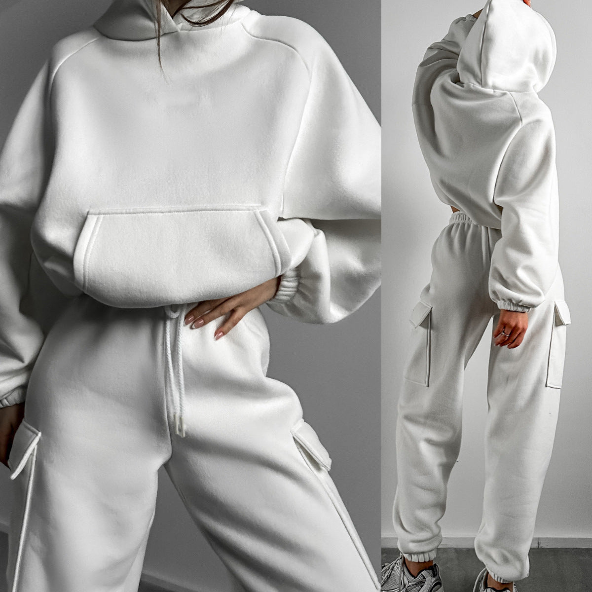 Front and back view of a woman wearing a monochrome off-white two-piece hoodie set featuring cargo trousers with utility patch pockets.