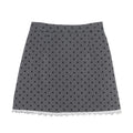 Grey polka dot mini skirt with white lace trim along the bottom hem by MontQuant