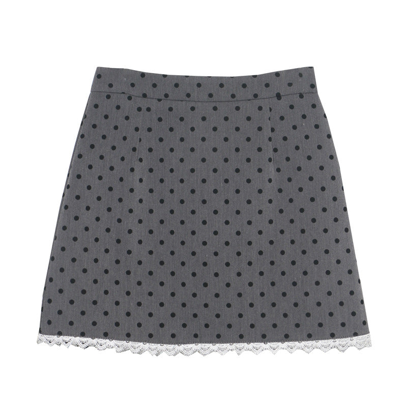 Grey polka dot mini skirt with white lace trim along the bottom hem by MontQuant