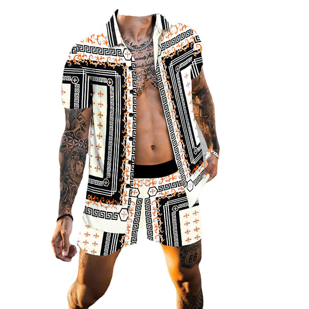 Front studio view of the MONTQUANT Leisure Print Resort Set in a monochrome black, orange, and white geometric tile print, displaying the unbuttoned short sleeve shirt and matching drawstring shorts.