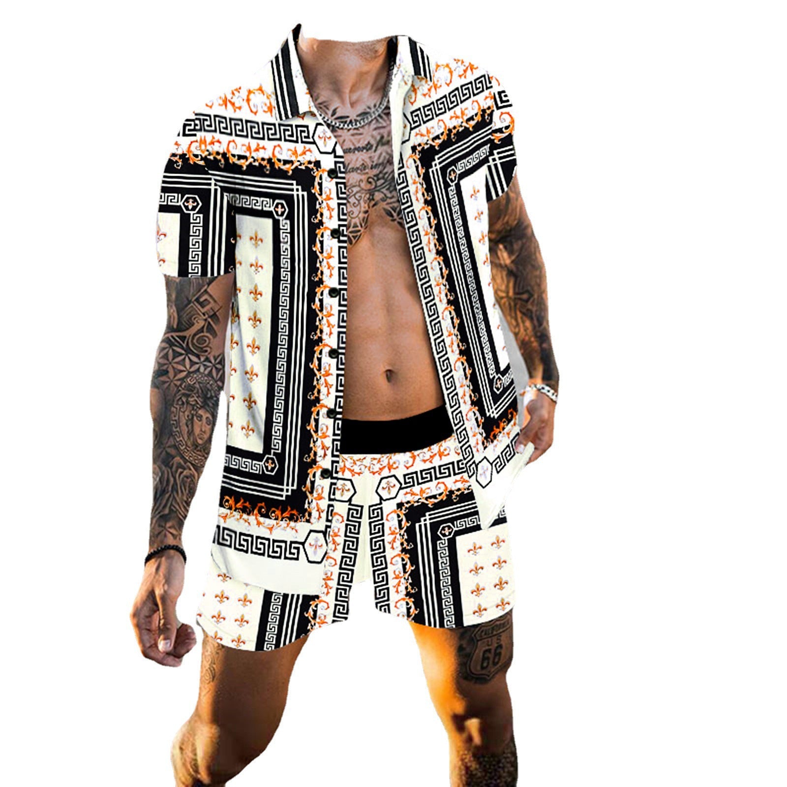 Front studio view of the MONTQUANT Leisure Print Resort Set in a monochrome black, orange, and white geometric tile print, displaying the unbuttoned short sleeve shirt and matching drawstring shorts.