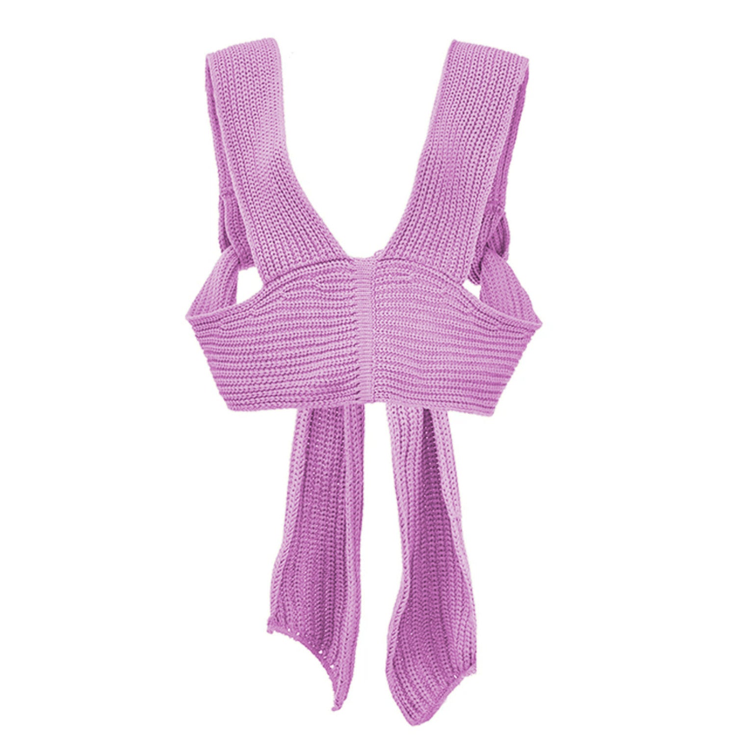 Back profile flat lay of the cross-woven halter top in lilac purple showcasing the elongated self-tie bands.