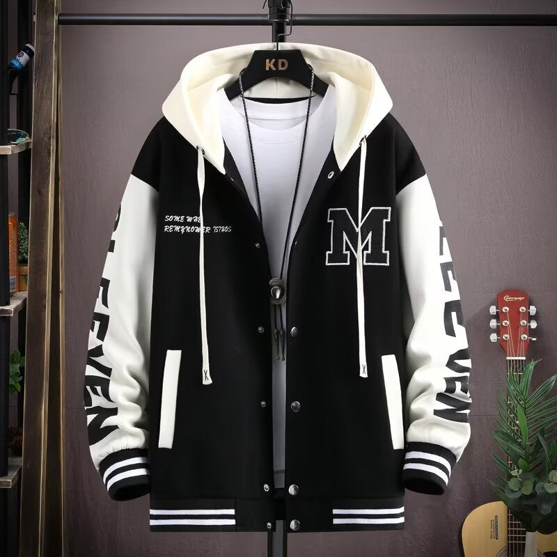 Studio presentation of the MONTQUANT Heavyweight Varsity Hoodie Jacket in Black, emphasizing the stark monochrome color block architecture, deep insulated white hood lining, and ribbed varsity trim.