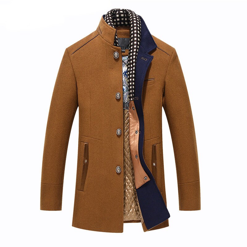 Three-quarter studio view of MONTQUANT Thicker Trench Jacket in Khaki brown, unbuttoned to reveal the integrated navy blue zippered inner bib layer and premium interior lining.