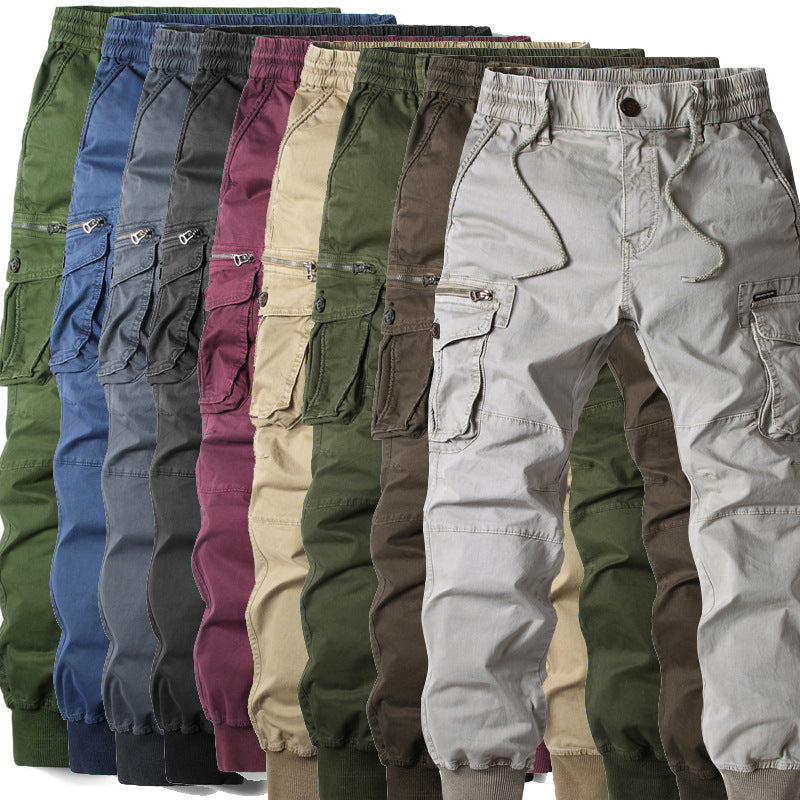 A folded alignment displaying the complete MONTQUANT Cargo Trousers color palette including Sapphire Blue, Wine Red, Olive Green, Khaki, and Black options.