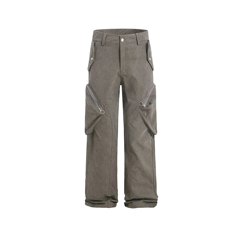 Front view of the MONTQUANT Street Style Trousers in Taupe, showcasing the relaxed straight-leg silhouette, structured panels, and prominent zippered side cargo pockets.