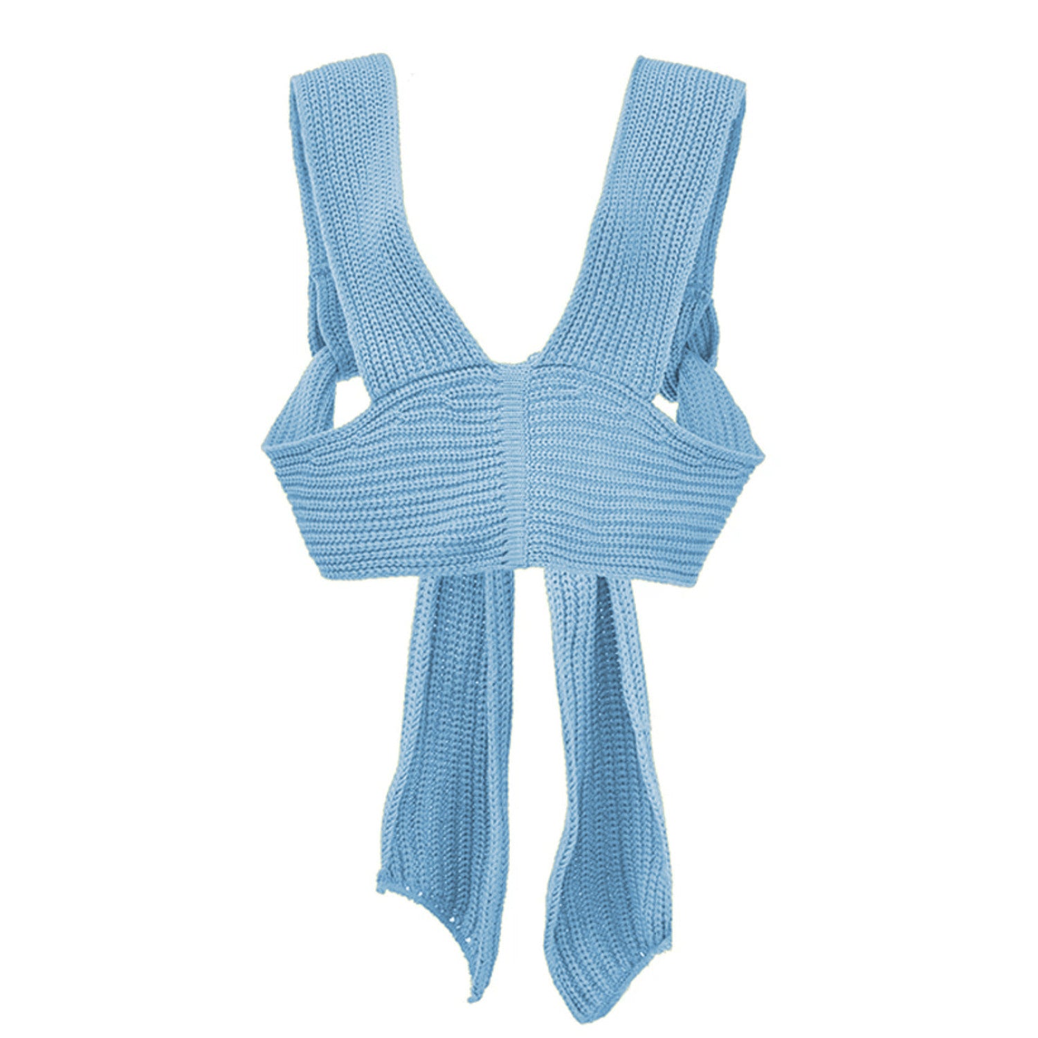 Back profile flat lay of the cross-woven halter top in soft light blue highlighting the multi-way tie panels.