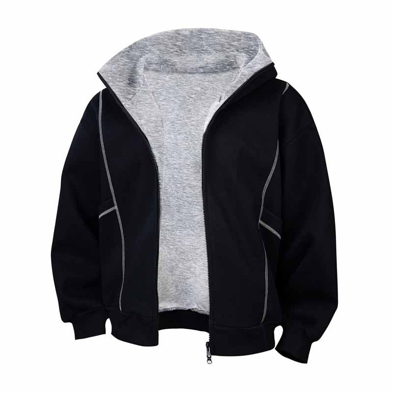 Front studio shot of MontQuant's deconstructed oversized zip-up hoodie in black, featuring a heavy heather gray fleece lining, exposed technical contrast stitching, and a robust silver front zipper.