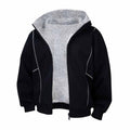 Front studio shot of MontQuant's deconstructed oversized zip-up hoodie in black, featuring a heavy heather gray fleece lining, exposed technical contrast stitching, and a robust silver front zipper.