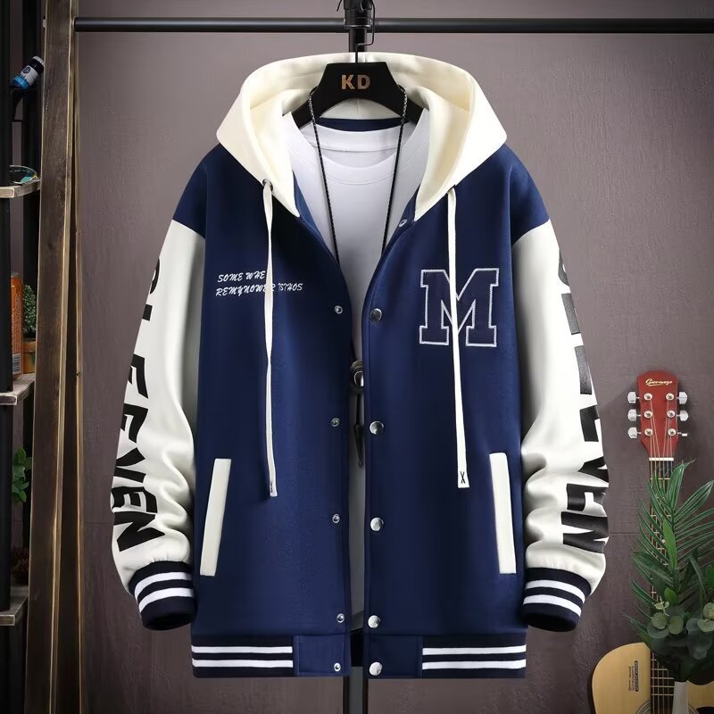 Front studio alignment of the MONTQUANT Heavyweight Varsity Hoodie Jacket in Navy Blue, highlighting the crisp contrast between the rich navy body panels, clean white sleeves, and structural collegiate design.