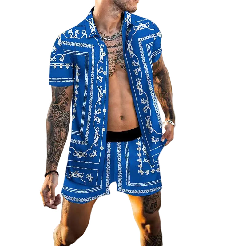 Front presentation of the MONTQUANT Resort Set in vibrant cobalt blue, highlighting the symmetrical white tile border patterns along the shirt placket and hem.