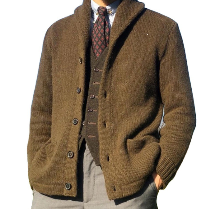 Studio profile view of the MontQuant Engineered Knit Button Jacket in Khaki showing its structural drape and clean single-breasted silhouette.